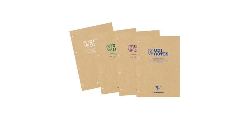 Bloc de cours recyclé encollé grand côté Uninotes A4 200 pages détachables perforé 4 trous ligné + marge - Assortis