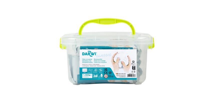 DARWI lufttrocknende Modelliermasse, Box mit 7 Blöcken 500g, für Schulen und Kindergärten, Classic (weiß) - Weiß