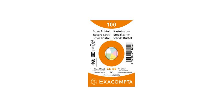 Paquet de 100 fiches sous film - Bristol quadrillé 5x5 non perforé 74x105mm - Couleurs assorties