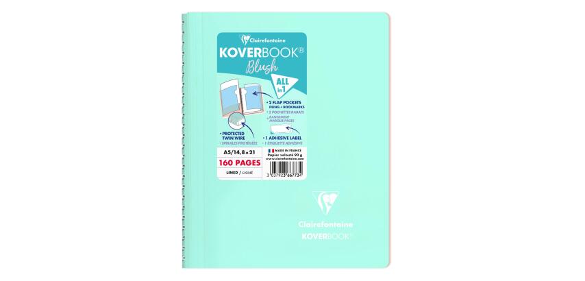 Cahier reliure intégrale enveloppante Koverbook Blush A5 160 pages ligné couverture polypropylène opaque bicolore - Menthe à l'eau/Rose poudré