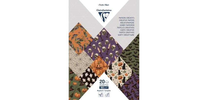 PAPIERS IMPRIMÉS, Bloc de 20 feuilles à motifs 160g/m2 au format A4 (21x29,7cm) + 1 idée créative - Halloween - Multicolore