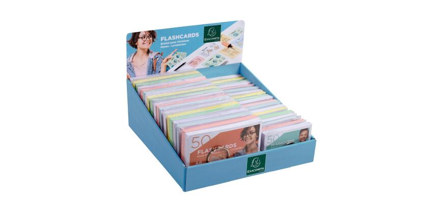 Prés. Comp. avec 38 paquets de 50 flashcards sous film + anneau - bristol ligné perforé - A6 et A7 - Couleurs assorties