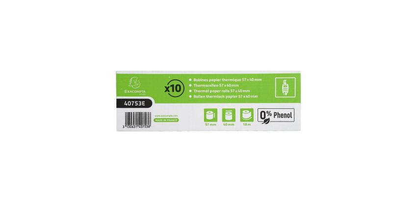 Bobine pour tickets de carte bancaire 57x40mm - 18m - 1 pli thermique 55g/m2 sans Phenol. - Blanc