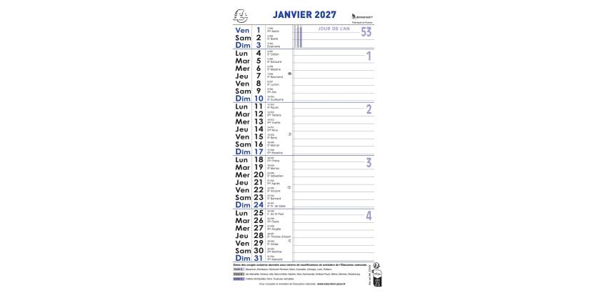 Calendrier bloc mensuel avec feuillets détachables sans support 15,5 x 28,5 cm 2027
