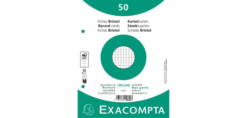 Paquet 50 fiches sous film - bristol quadrillé 5x5 perforé 170x220mm - Blanc