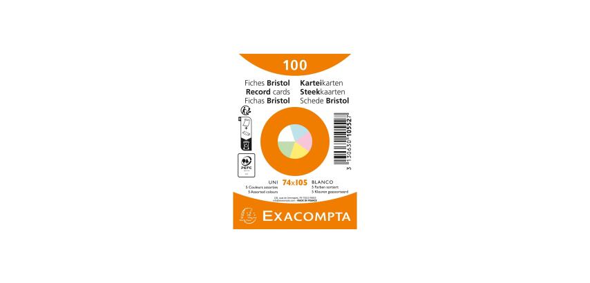 Pack of 100 cards under film - UNI non-perforated Bristol 74x105mm - Assorted colours