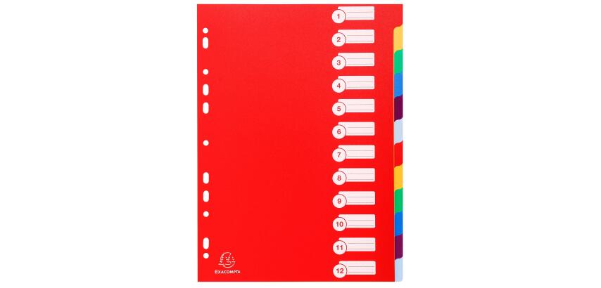 Register DIN A4 aus festem PP 350µ, blanko, 12-teilig - Farben sortiert