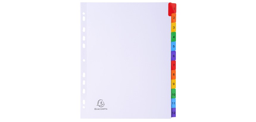 Intercalaire A4+ carte bristol blanche Exacompta 12 onglets numériques multicolores 1 jeu