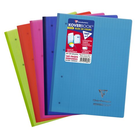 Bloc de cours agrafé grand côté Koverbook A4+ 80 feuilles détachables perforé 4 trous grands carreaux couleur aléatoire - Assortis