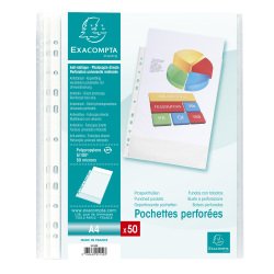 Sachet de 50 pochettes perforées polypropylène grainé 5/100e - A4 - Cristal