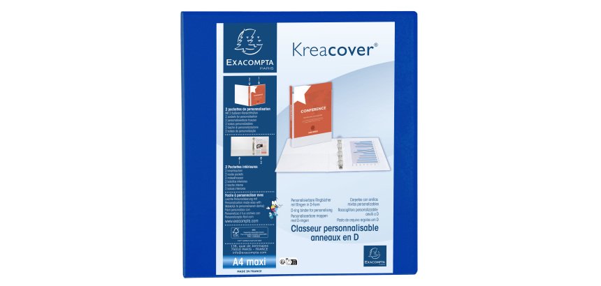 Classeur 4 anneaux plastifié Exacompta Kreacover® personnalisable A4 maxi - Dos 7,5 cm bleu