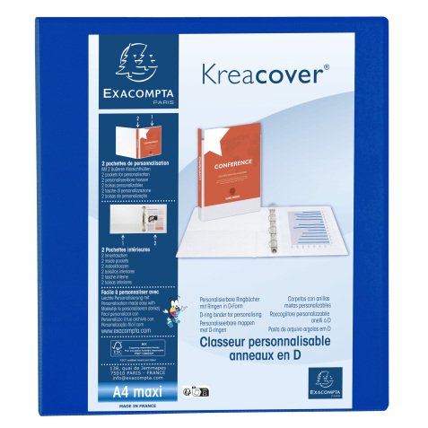 Classeur 4 anneaux plastifié Exacompta Kreacover® personnalisable A4 maxi - Dos 7,5 cm bleu