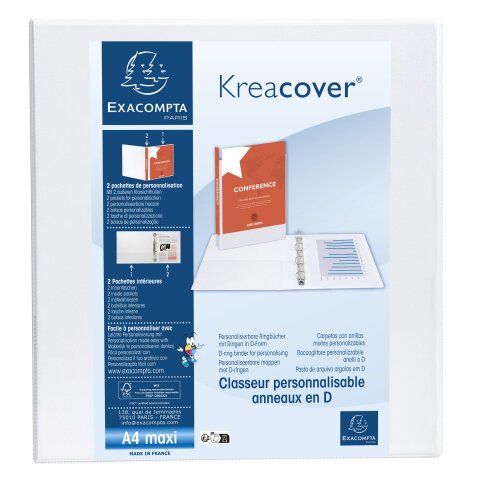 Classeur PP personnalisable Kreacover - 2 anneaux en D 50mm - A4 maxi - Blanc