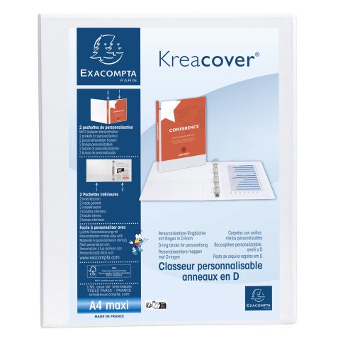 Classeur personnalisable rigide 2 poches KreaCover - 2 anneaux en D 20mm - A4 maxi - Blanc