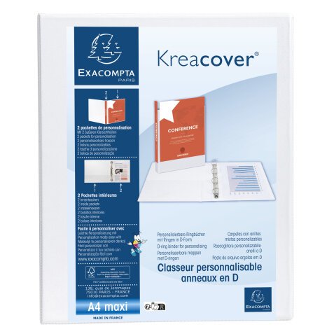 Classeur personnalisable rigide 2 poches KreaCover - 2 anneaux en D 30mm - A4 maxi - Blanc