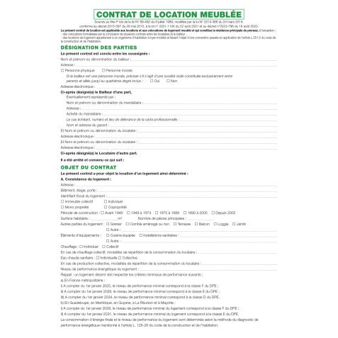 Feuilles Contrat de location pour locaux meublés - Blanc