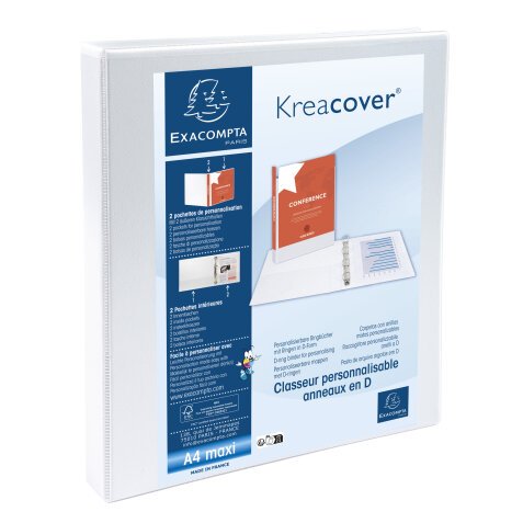 Classeur personnalisable rigide 2 poches KreaCover 2 anneaux en D 16mm - A4 maxi. - Blanc