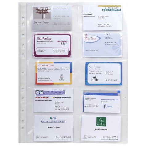 Sachet de 10 pochettes perforées pour cartes de visite 10 emplacements - polypropylène lisse 11/100e - A4 - Cristal