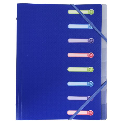 Multipart file with 3 flaps and elastic straps, Opak polypropylene 8 compartments - A4 size.