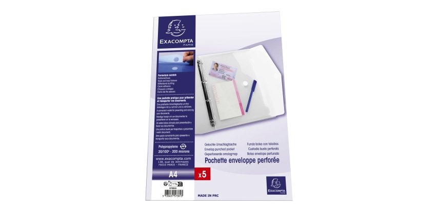 Pochettes de rangement perforées à scratch Exacompta A4 transparentes - Sachet de 5