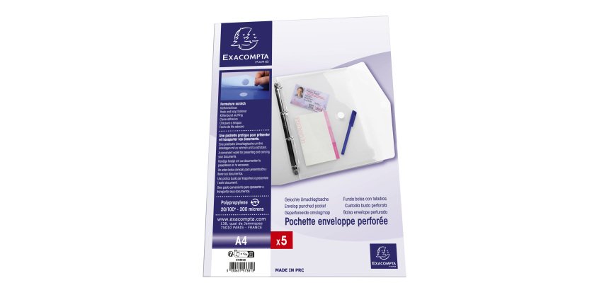 Pochettes de rangement perforées à scratch Exacompta A4 transparentes - Paquet de 5