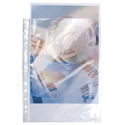 Packung mit 10 Stück Prospekthüllen gelocht aus glattem Qualitäts-PP 90µ, oben geöffnet, für Format 24x32cm - Kristall