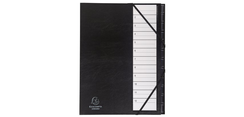 Multipart file Ordonator with elastic straps 12 numerial tabs from 1 to 12 - A4 - Black
