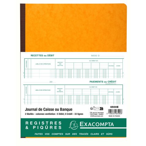 Piqûre 32x25cm Journal de caisse ou banque 5 débit - 5 crédit 33 lignes 80 pages