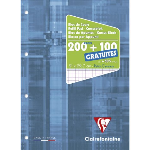 Bloc de cours encollé grand côté A4 200 pages détachables + 100 GRATUITES perforé 4 trous petits carreaux Bleu gris - Bleu gris