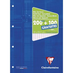 Bloc de cours encollé grand côté A4 200 pages détachables + 100 GRATUITES perforé 4 trous grand carreaux Bleu - Bleu Klein