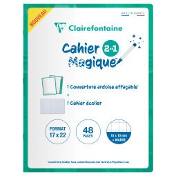 Cahier Magique couverture ardoise double-face effaçable piqué 17x22cm 48 pages quadrillé 10 x 10 + Marge - Vert émeraude