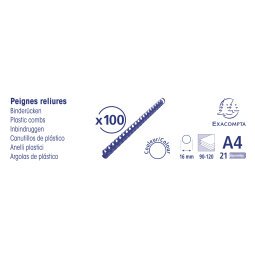 Boite 100 reliures spirales plastique 16mm - Noir