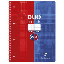 Duo Book cahier reliure intégrale A4+ 80 pages petits carreaux + 80 pages lignées détachables perforé 4 trous Rouge/Bleu - Bleu/rouge