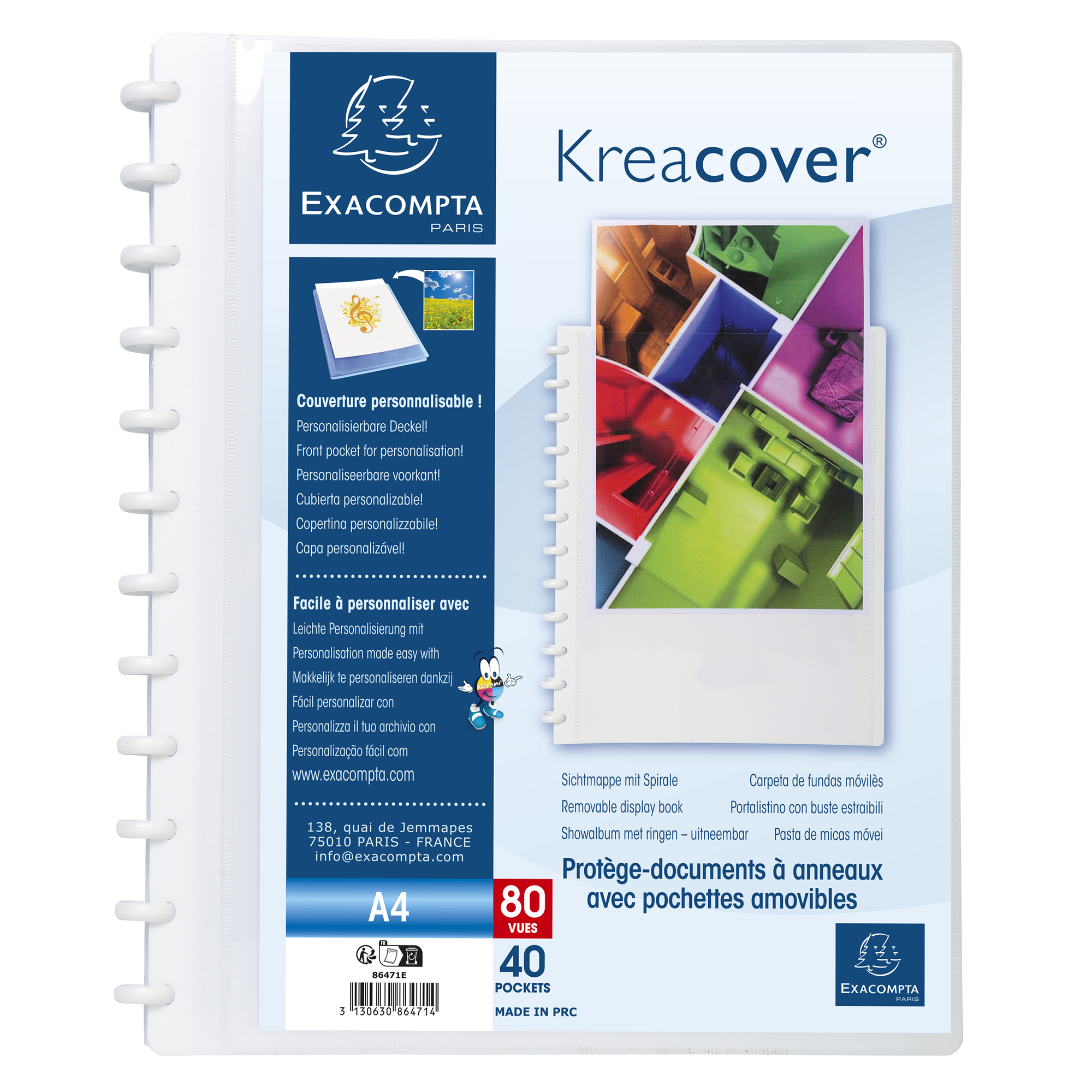 Protège-documents Exacompta 86371E - 30 Pochettes Amovibles, 60 Vues, Couverture Rigide Personnalisable, Format A4
