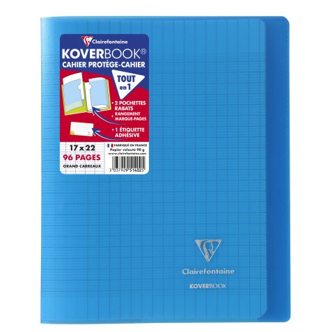 Cahier piqué Koverbook 17x22cm 96 pages grands carreaux couverture polypropylène transparent