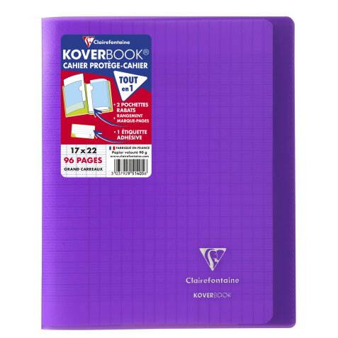 Cahier piqué Koverbook 17x22cm 96 pages grands carreaux couverture polypropylène transparent