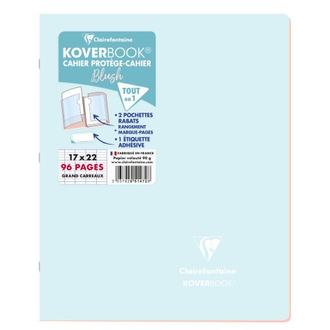 Cahier piqué Koverbook Blush 17x22cm 96 pages grands carreaux couverture polypropylène opaque bicolore - Bleu givré/Corail