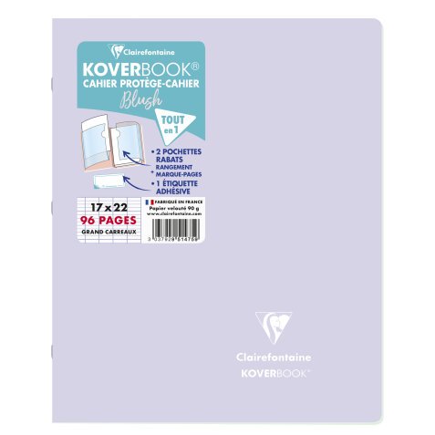 Cahier piqué Koverbook Blush 17x22cm 96 pages grands carreaux couverture polypropylène opaque bicolore - Lilas/Vert tilleul