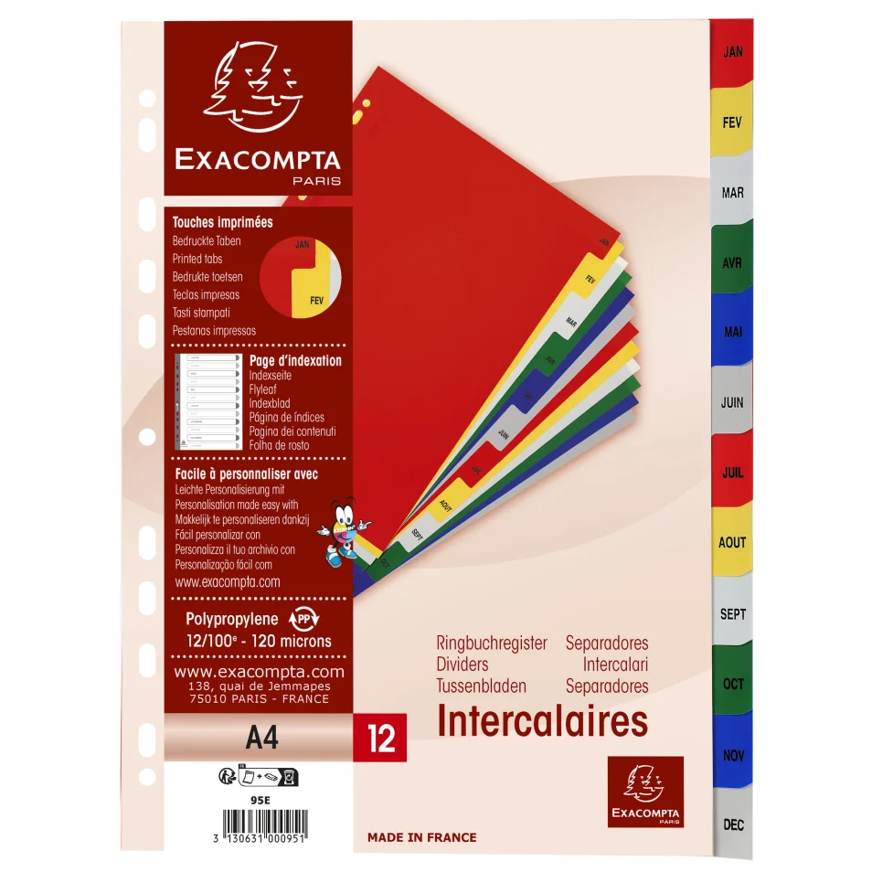 Intercalaire A4 polypropylène coloré Bruneau 6 onglets numériques  multicolores - 1 jeu sur