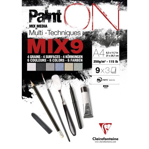 PaintON Mix 9 bloc collé 27F A4 250g assorti 9x3F