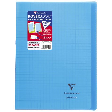 Cahier piqué Koverbook A4 96 pages grands carreaux couverture polypropylène transparent