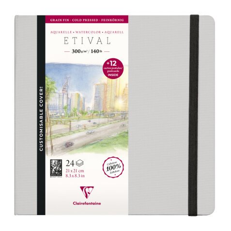 Etival Aquarelle carnet cousu 24F 21x21cm 300g grain fin (cartes postales) - Gris