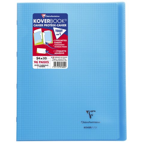 Cahier piqué Koverbook 24x32cm 96 pages petits carreaux + marge couverture polypropylène transparent - Bleu