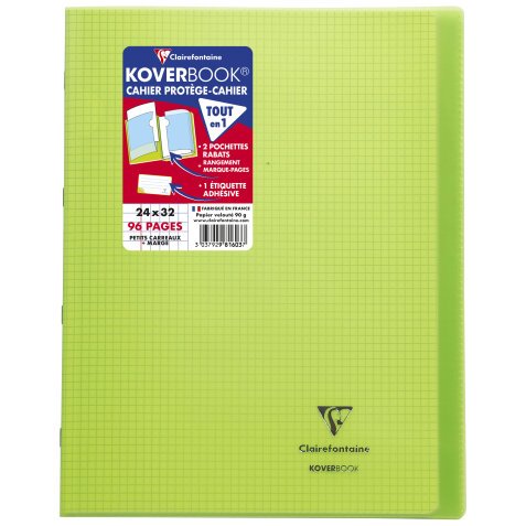 Cahier piqué Koverbook 24x32cm 96 pages petits carreaux couverture polypropylène transparent - Vert