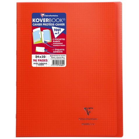 Cahier piqué Koverbook 24x32cm 96 pages petits carreaux + marge couverture polypropylène transparent - Rouge