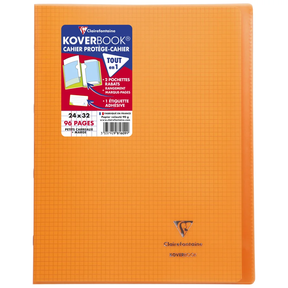 Cahier piqué Koverbook 24x32 cm 96 pages petits carreaux + marge couverture  polypropylène transparent - Orange sur