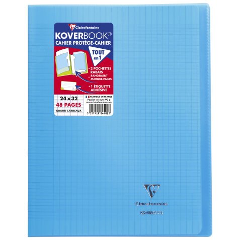 Cahier piqué Koverbook 24x32cm 48 pages grands carreaux couverture polypropylène transparent - Bleu