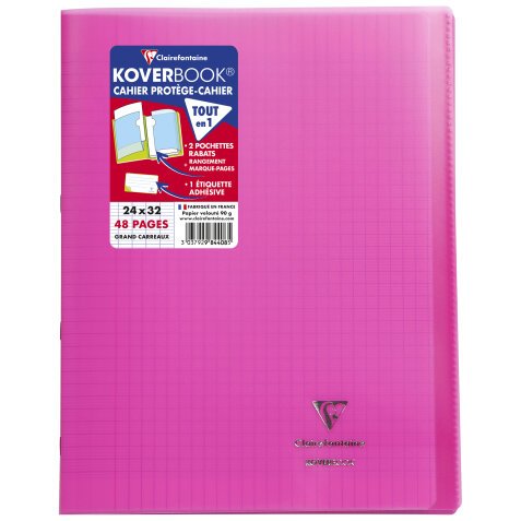 Cahier piqué Koverbook 24x32 cm 48 pages grands carreaux couverture polypropylène transparent - Rose