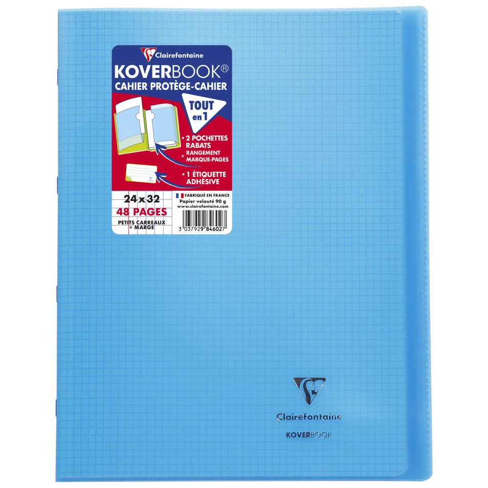 Cahier piqué Koverbook 24x32cm 48 pages petits carreaux + marge couverture  polypropylène transparent - Bleu sur