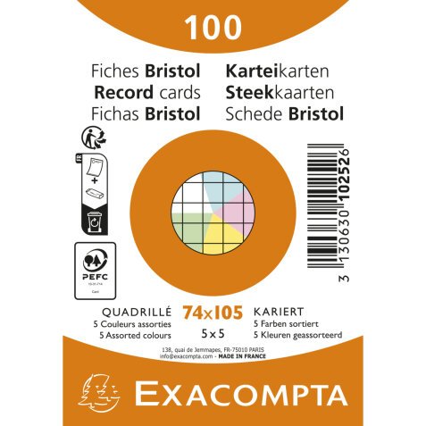 Paquet de 100 fiches sous film - Bristol quadrillé 5x5 non perforé 74x105mm - Couleurs assorties